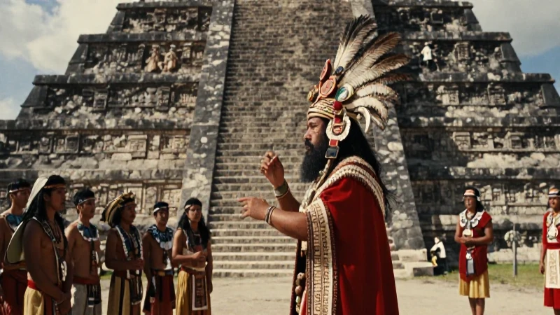 Trecena: Significado y rituales en la cultura mexica 92 Sacerdote Mexica en ritual antiguo frente a pirámide