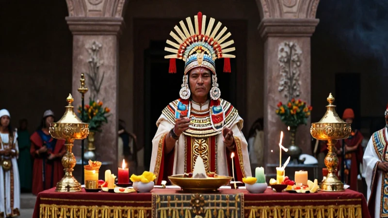Trecena: Significado y rituales en la cultura mexica 93 Sacerdote mexica en ritual ceremonial y altar