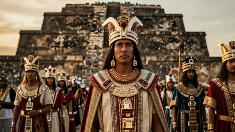 Trecena: Significado y rituales en la cultura mexica 90 Sacerdote Mexica en procesión ritual bajo luz dorada