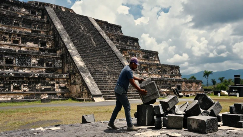 Obrero mesoamericano mueve bloques en la pirámide de Cholula