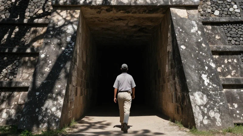 Pirámide de Cholula y arqueólogo en un túnel oscuro