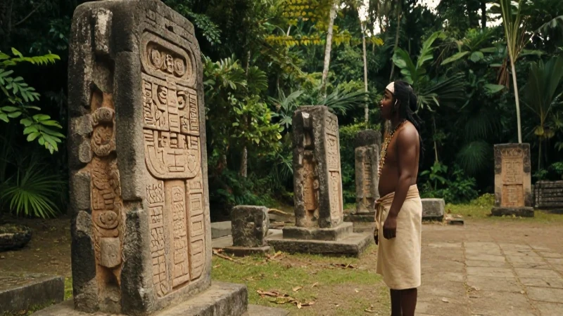 Escribas mayas observan estelas en la jungla