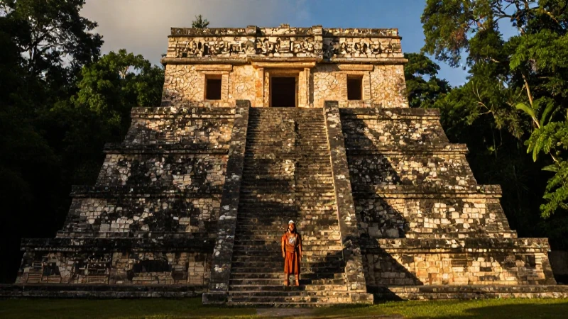 Templo maya, sacerdote y selva dorada