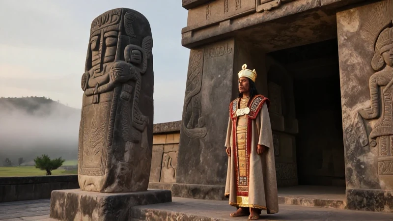 Sacerdote Chavín en templo ritual ante el Lanzón