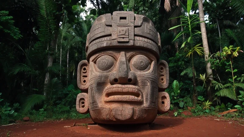 Monumento Olmec en selva dramática