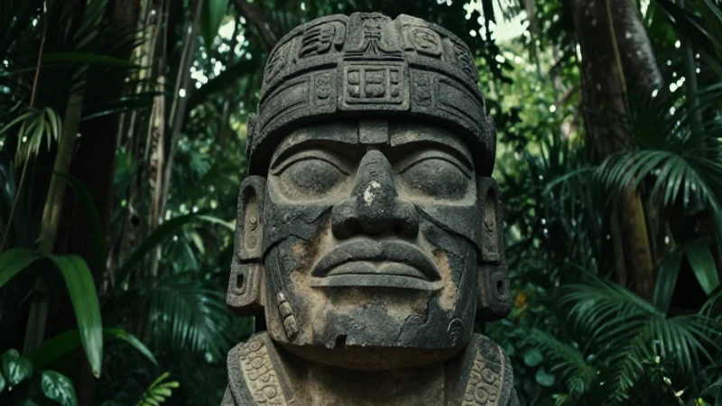 Shaman olmeca ante cabeza colosal en selva