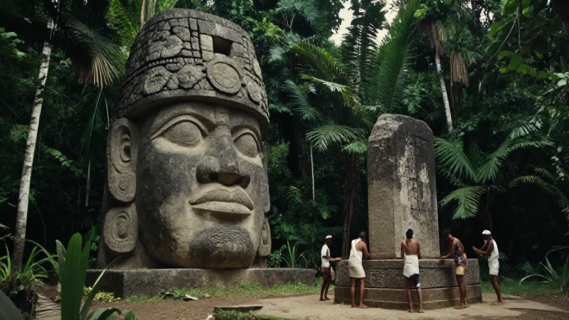 Olmeca en la selva con trabajadores y altar