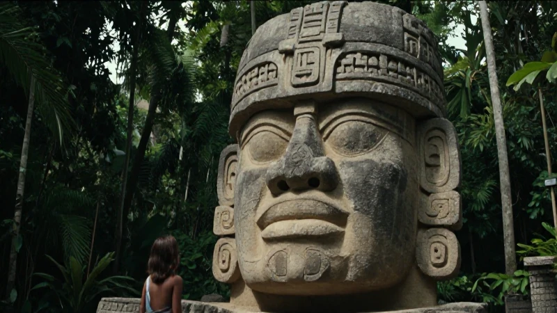 Gigante cabeza olmeca en jungla ancestral
