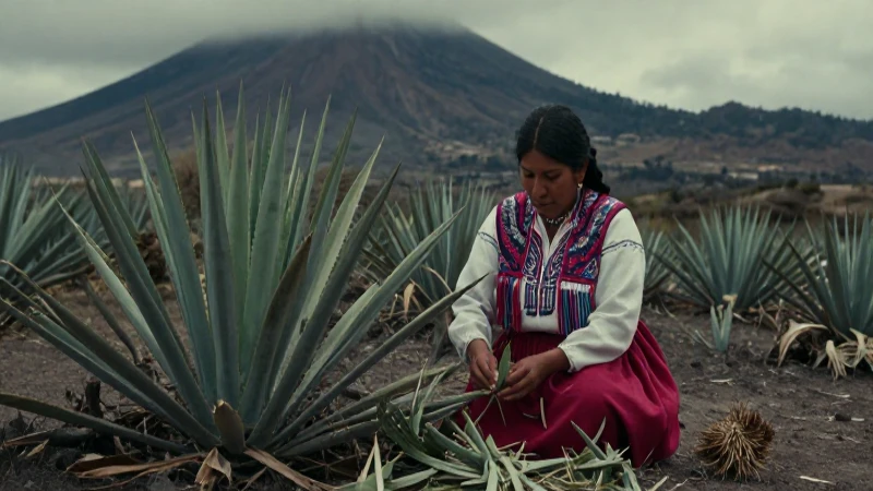 Mujer indígena recolectando agave en Tehuacán, estilo documental