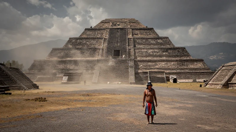 Indígena en Pirámide del Sol, fotografía histórica dramática