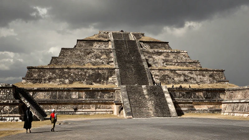 Pirámide de Teotihuacán bajo un cielo dramático