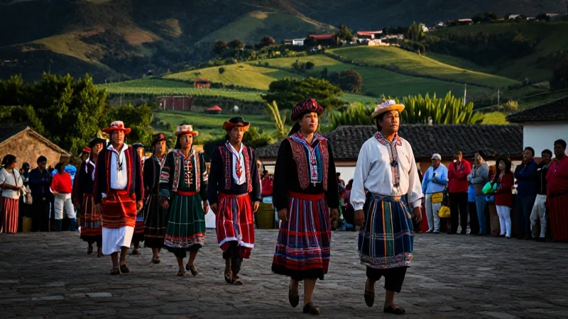 Procesión nahua en plaza colonial histórica