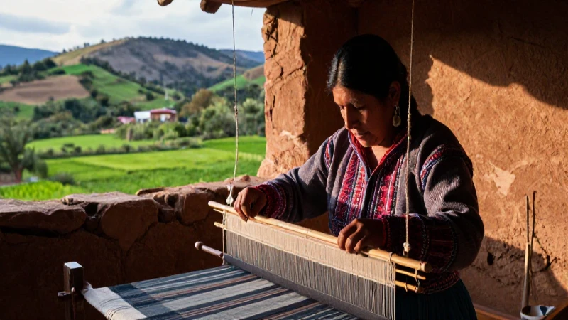 Artesano tejiendo en un valle poblano con luz dramática