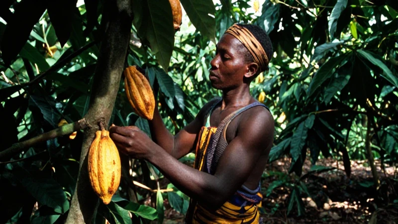 Cuáles son las variedades de cacao y su distribución global 18 Agricultor de cacao recolectando en África con realismo documental