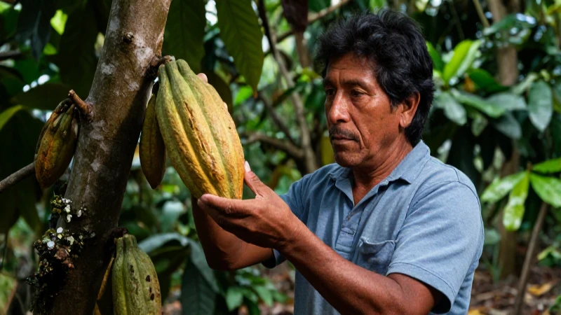 Cuáles son las variedades de cacao y su distribución global 20 Cultivador inspecciona vaina de cacao en México