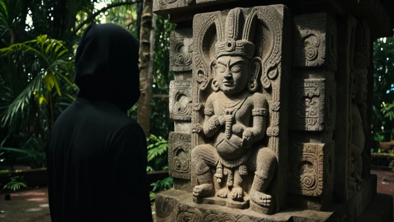 Figura observa estatua en ruina de jungla mexicana