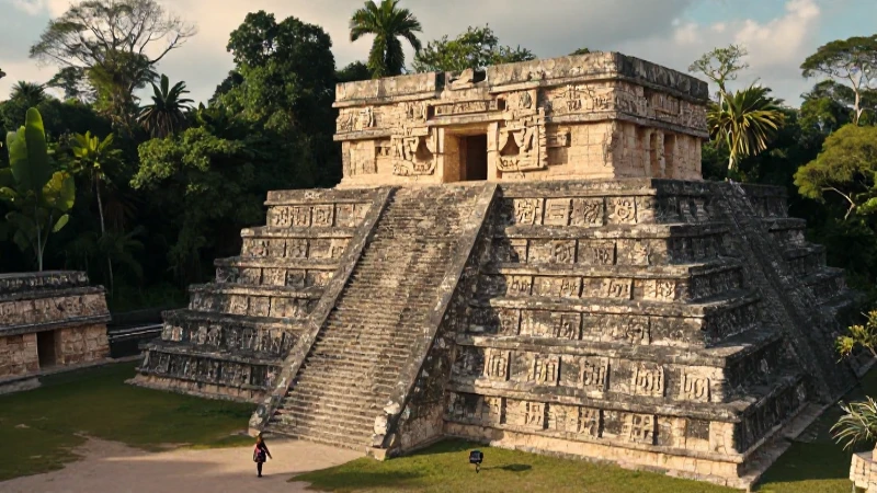 Ruinas aztecas en la jungla bajo la luz dorada