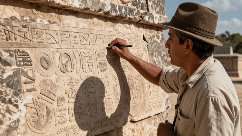 Arqueólogo escudriña glifo ancestral bajo sol desértico