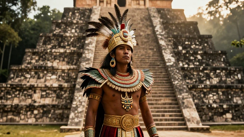 Guerrero azteca frente a pirámide al atardecer