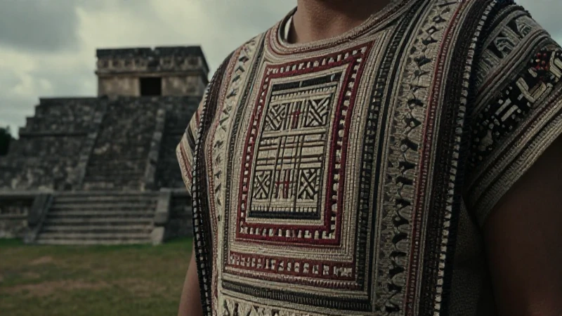 Artisano mesoamericano en ruinas con vestimenta intrincada