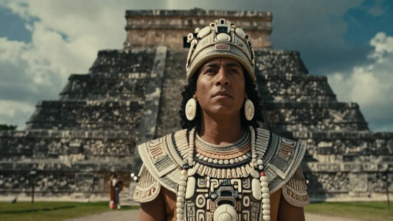 Noble mesoamericano en pirámide antigua con luz dramática