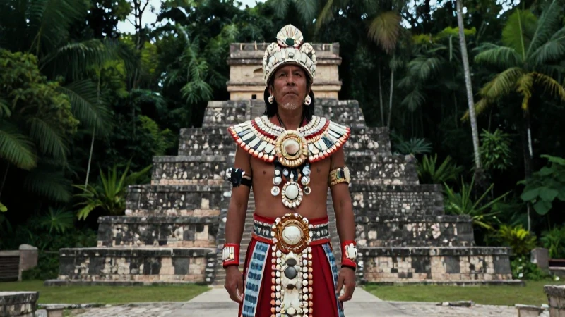 Noble azteca con vestimenta elaborada de conchas