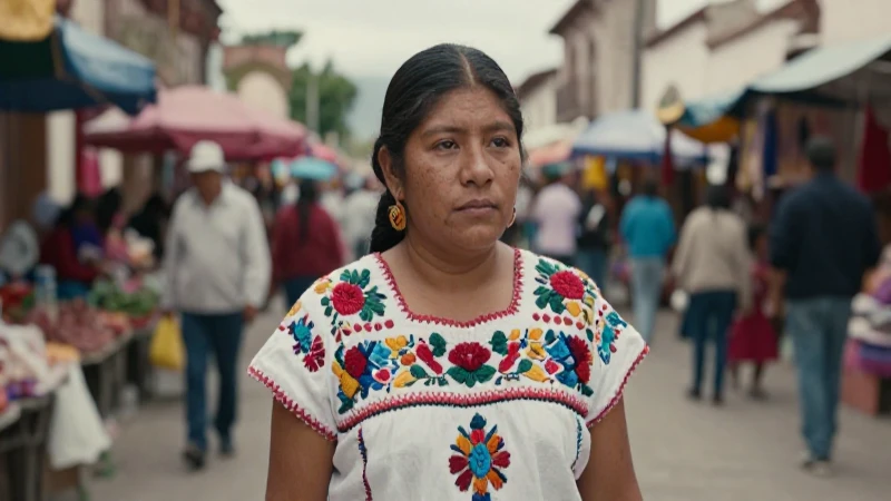 Mujer mesoamericana con vestimenta tradicional en mercado colonial