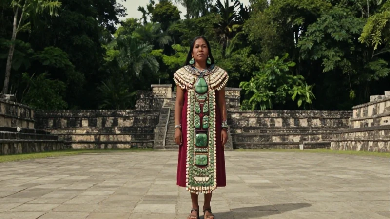 Mujer mesoamericana con jade en plaza antigua