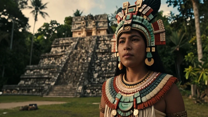 Vestimenta Olmeca: El papel de las mujeres de Chalcatzingo 53 Mujer Olmeca en templo de piedra, atardecer dramático