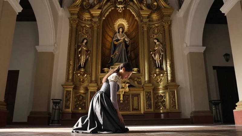 Virgen de los Remedios: Historia y Fe en la Basílica 23 Mujer colonial en devoción ante el altar barroco