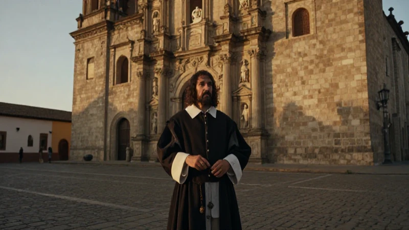 Friar en catedral colonial durante la hora dorada