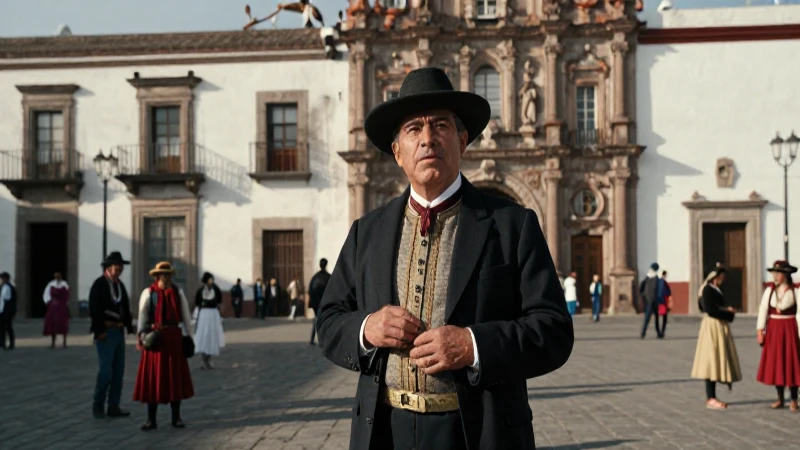 Funcionario español en vibrante plaza colonial mexicana