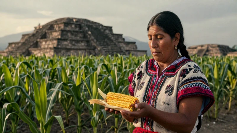 Mexica devota con maíz frente a Tenochtitlan