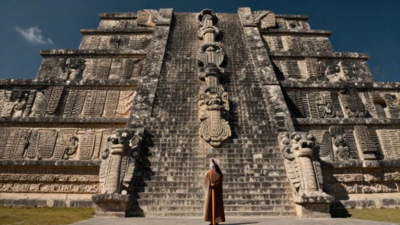 Pirámide antigua, sol y sacerdote nahua
