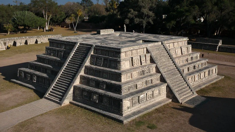 Plataforma de piedra dominante de Xochicalco bajo luz dramática