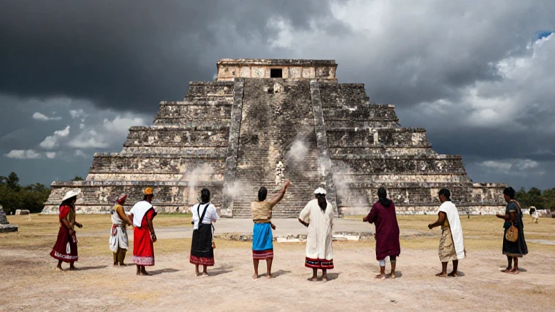 Sacerdotes rituales en pirámide bajo tormenta