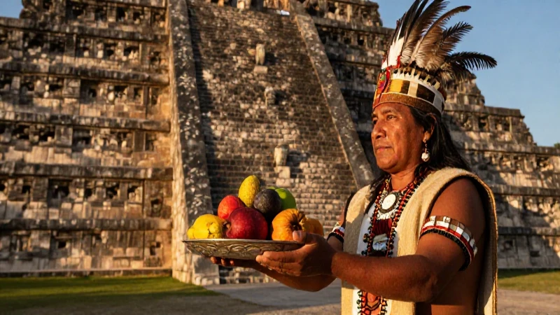 Xócotl Huetzi: El Sabor Ancestral del Fruto Mexicano 28 Sacerdote nahua ofrece frutos ante la gran pirámide
