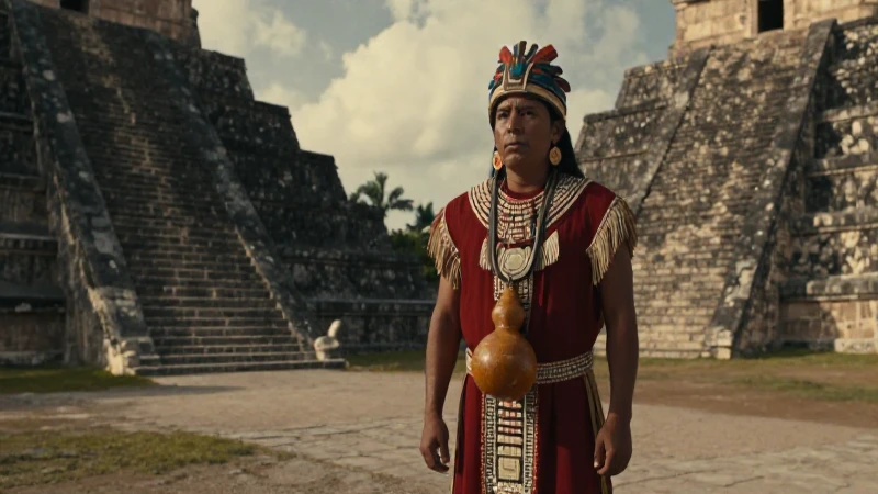 Xócotl Huetzi: El Sabor Ancestral del Fruto Mexicano 27 Figura indígena ceremonial en pirámide al atardecer