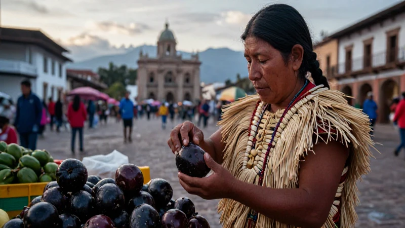 Xócotl Huetzi: El Sabor Ancestral del Fruto Mexicano 24 Vendedor indígena en mercado prehispánico al amanecer