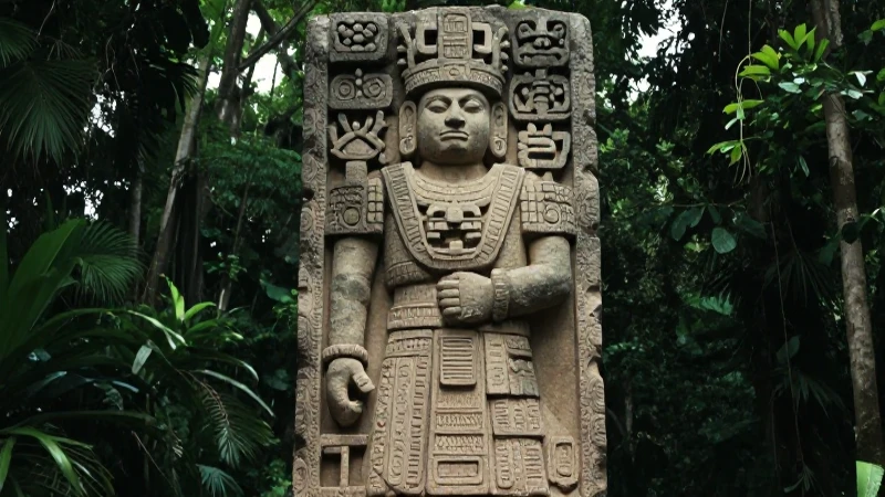 Noble maya ante estela en selva