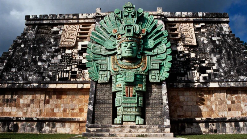 Rostro maya en templo monumental con vestimenta de jade