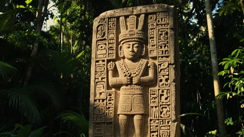 Estela maya de Yaxchilán con noble en la selva