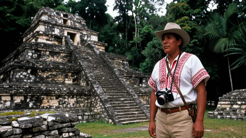 Guía indígena en ruinas con explorador en jungla
