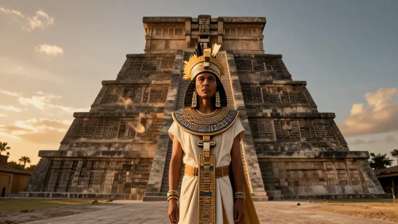 Sacerdote azteca en templo al atardecer