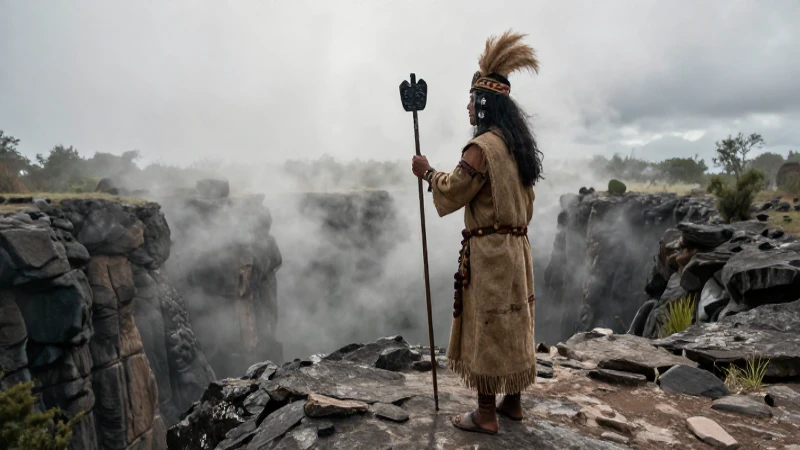Chamán obsidiana en colina sobre paisaje místico
