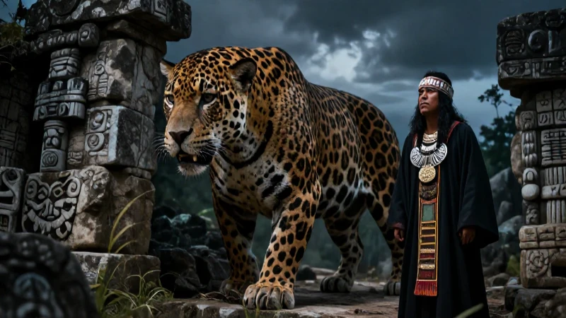 Jaguar y chamán ancestral en ruinas