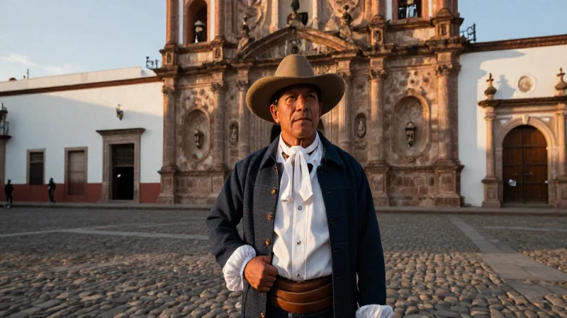 Mestizo colonial en plaza histórica, luz dorada