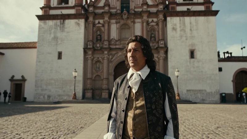 Hombre colonial en plaza barroca de México