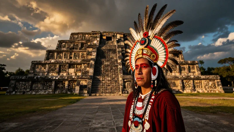 Sacerdote prehispánico en ruinas al atardecer