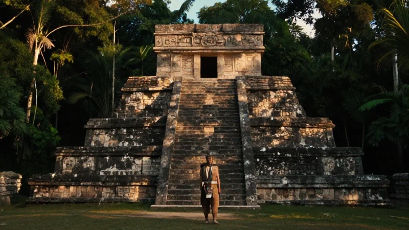 Templos mesoamericanos en selva con atmósfera dramática
